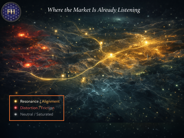 Where the market is already listening — a terrain map of the signal field, gold for resonance and alignment, red for distortion and friction, grey for neutral or saturated ground.