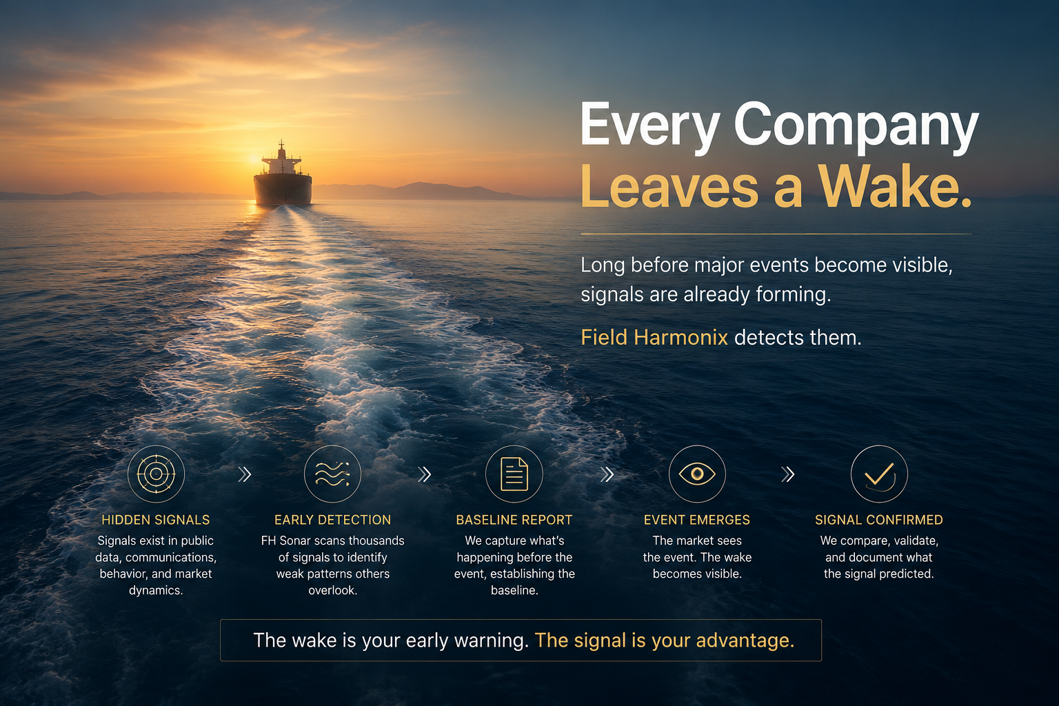 Every company leaves a wake. Long before major events become visible, signals are already forming — Field Harmonix detects them. Hidden signals exist in public data, communications, behavior and market dynamics; early detection scans thousands of signals to identify weak patterns others overlook; the baseline report captures what is happening before the event; the event emerges and the market sees it; the signal is confirmed as we compare, validate and document what the signal predicted. The wake is your early warning. The signal is your advantage.