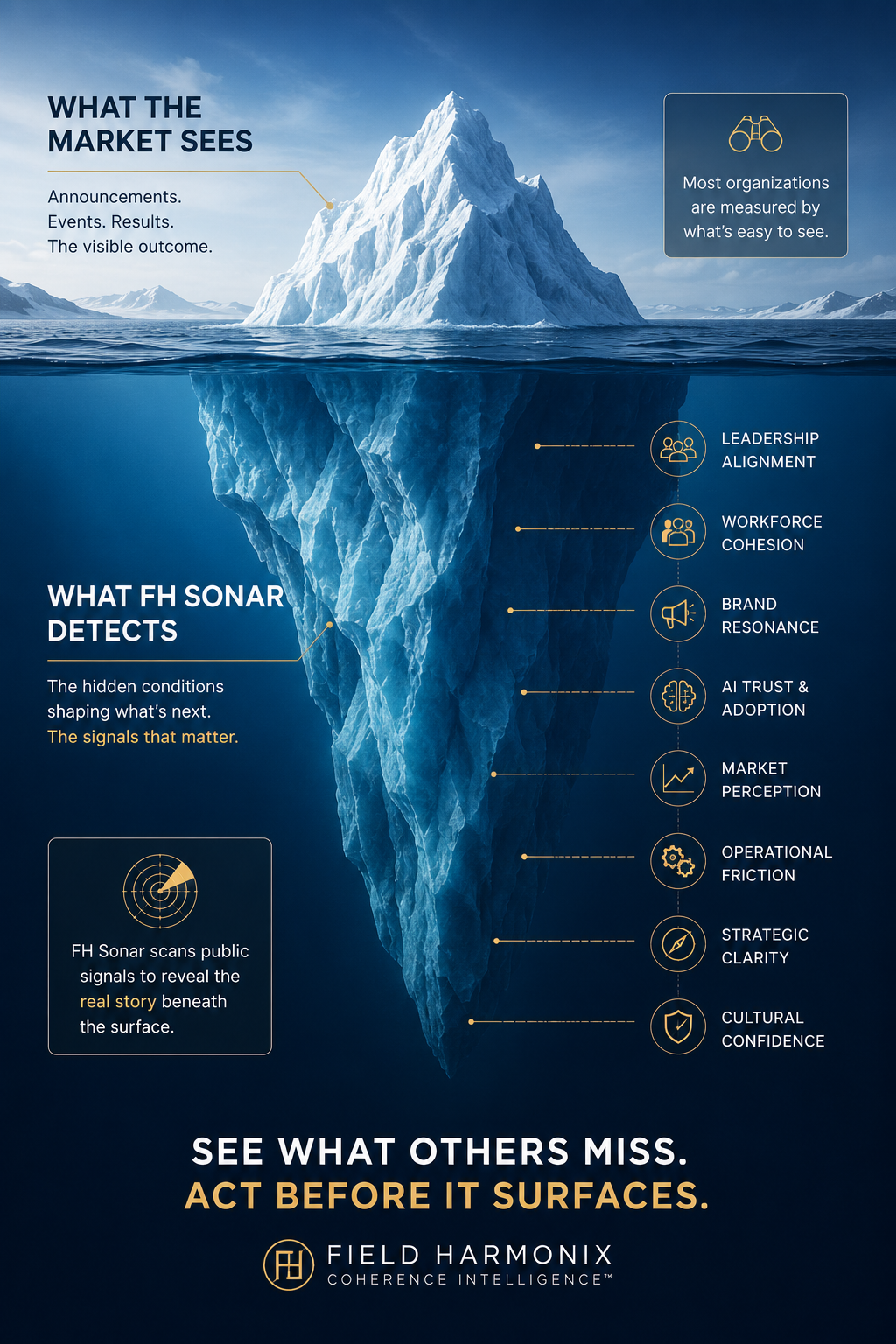 What the market sees: announcements, events, results — the visible outcome. Most organizations are measured by what's easy to see. What FH Sonar detects: the hidden conditions shaping what's next — leadership alignment, workforce cohesion, brand resonance, AI trust and adoption, market perception, operational friction, strategic clarity, and cultural confidence. See what others miss. Act before it surfaces.